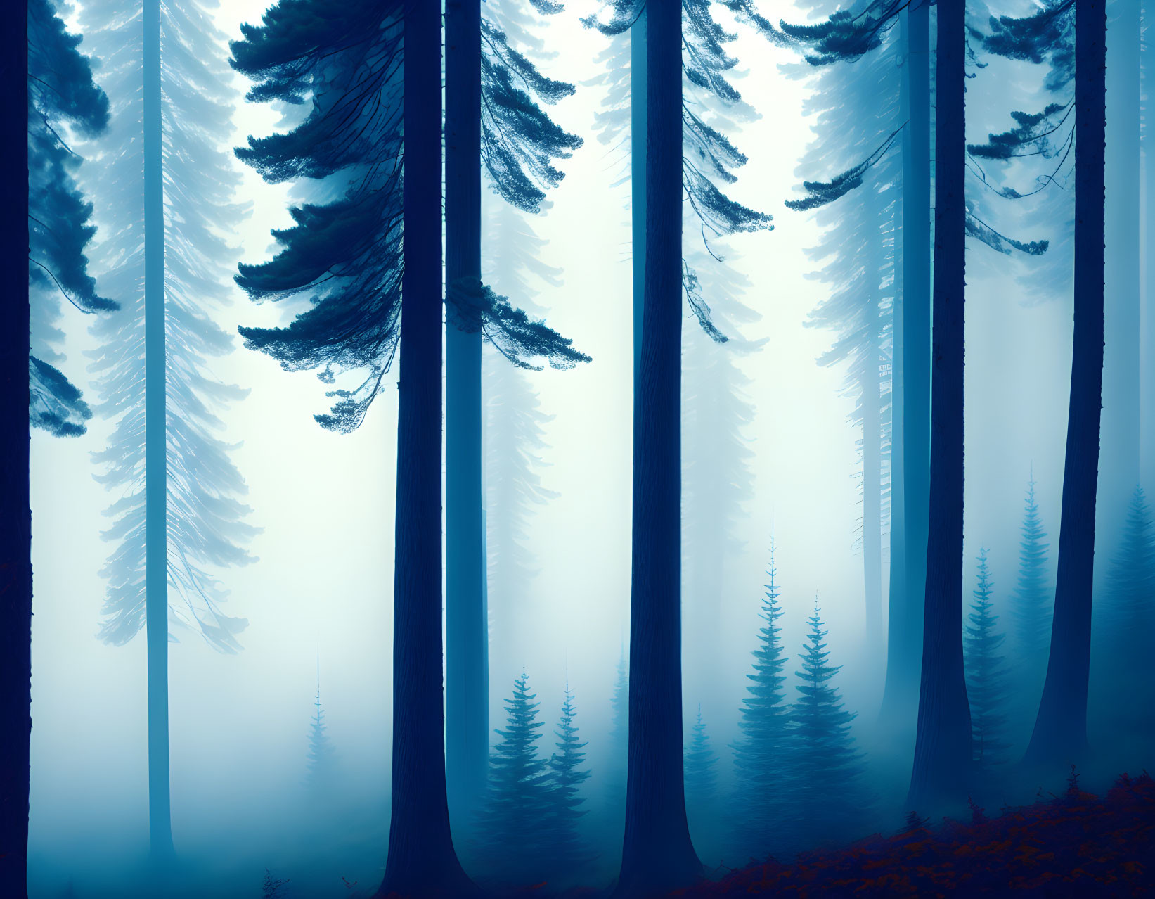 Tranquil Misty Blue Forest Scene with Tall Tree Silhouettes