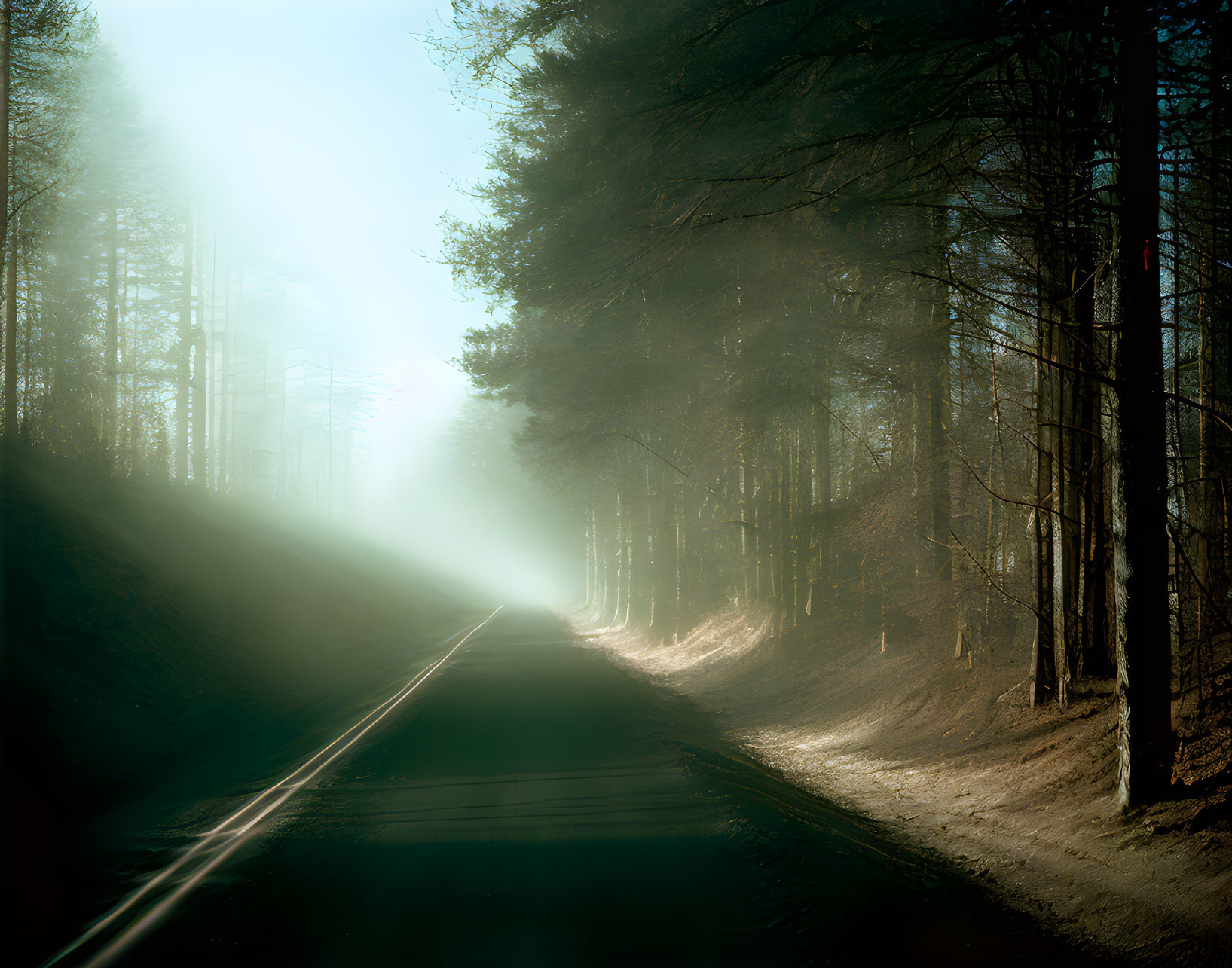 Misty forest road with sunrays piercing through trees