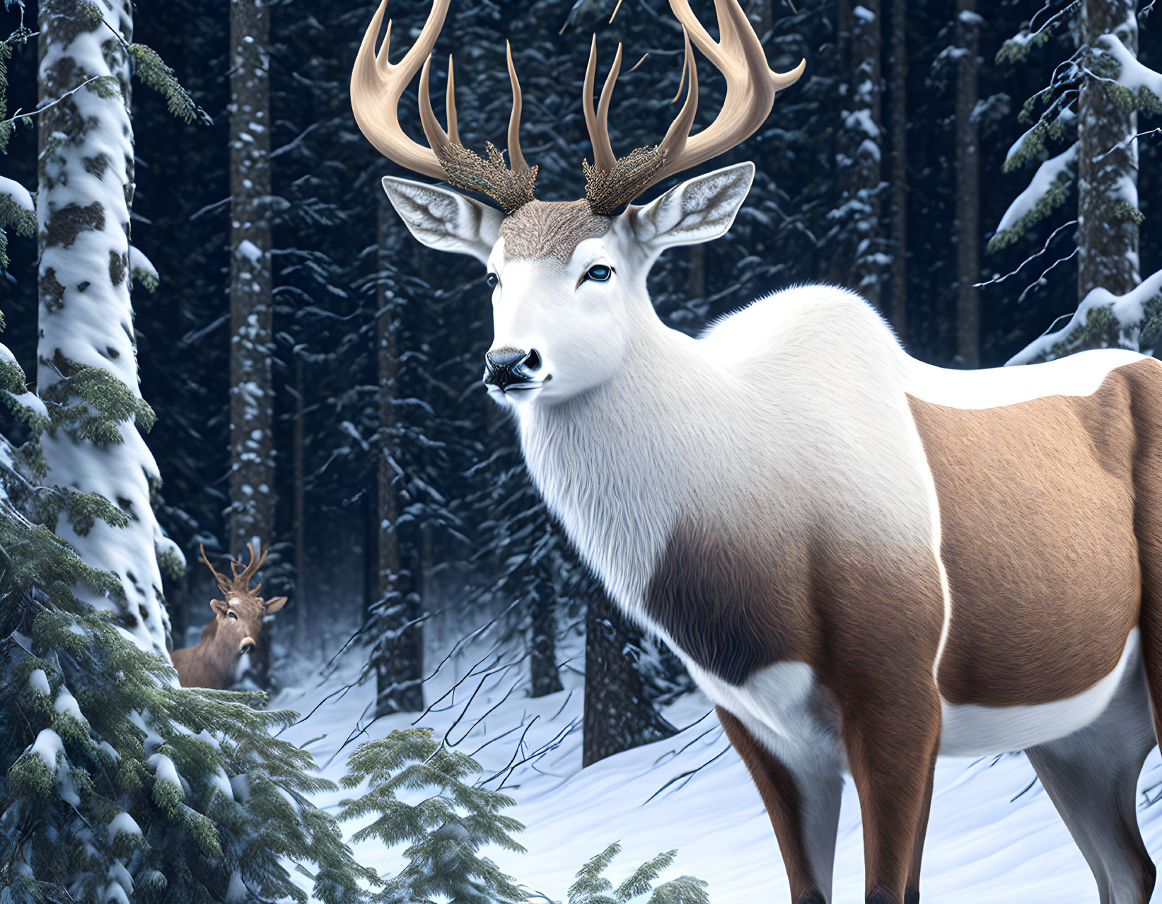 White stag with antlers in snowy forest with another deer.