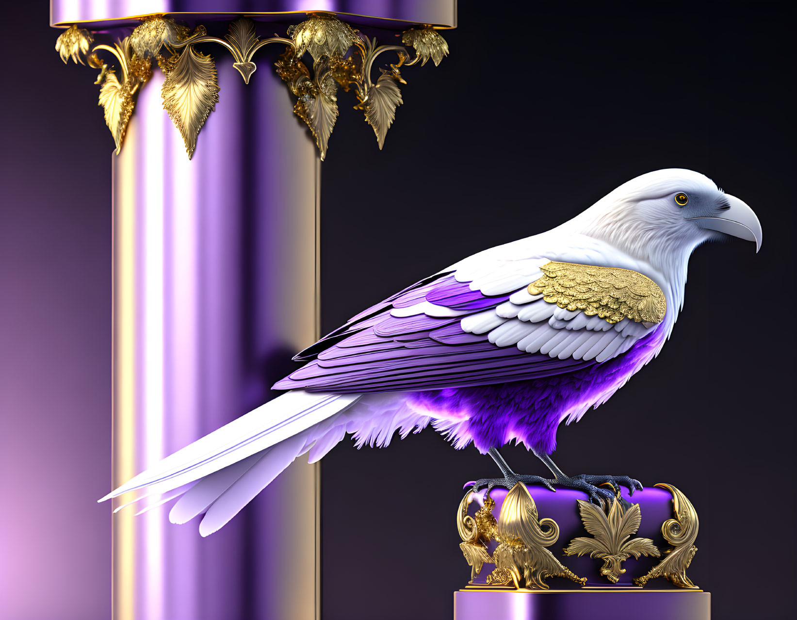 White and Purple Eagle Perched on Gold Column with Intricate Designs