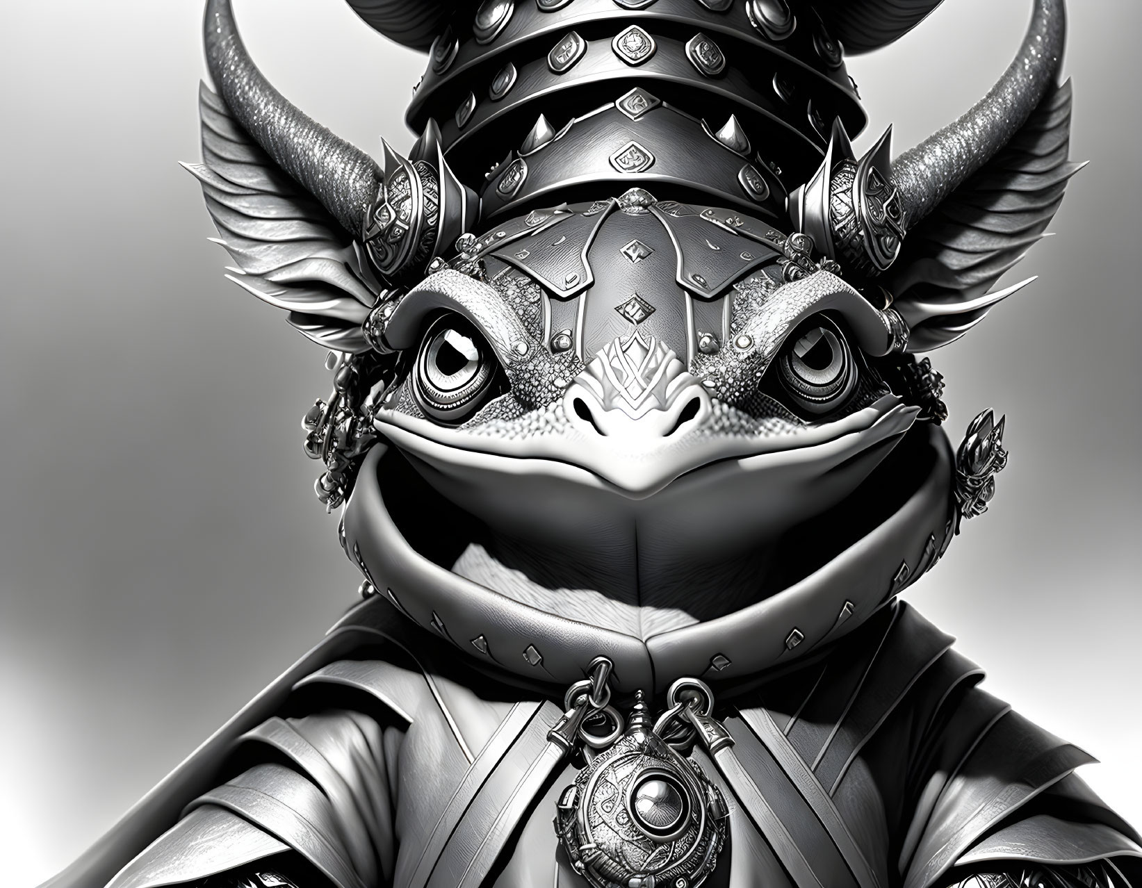 Detailed Monochrome Illustration of Armored Frog with Helmet and Amulet