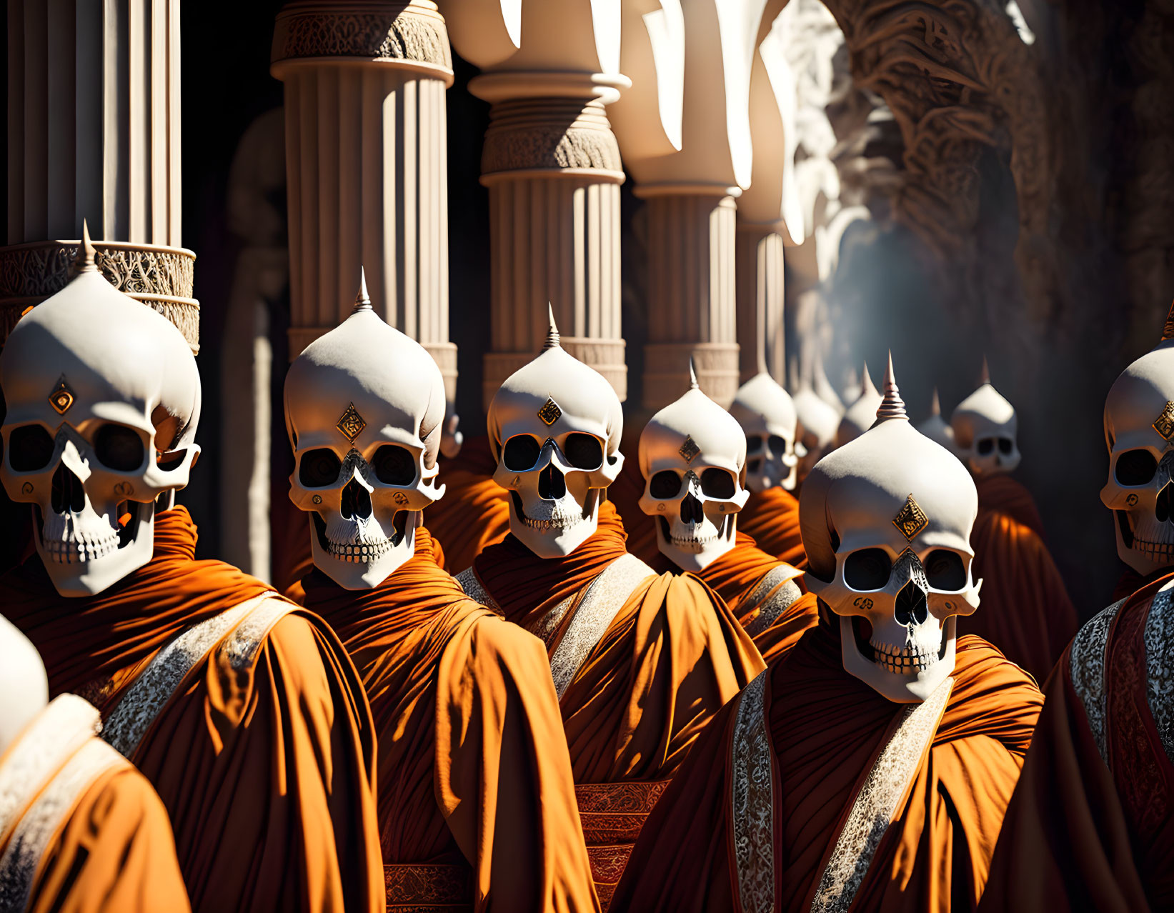 Skull-headed figures in orange robes among ornate columns