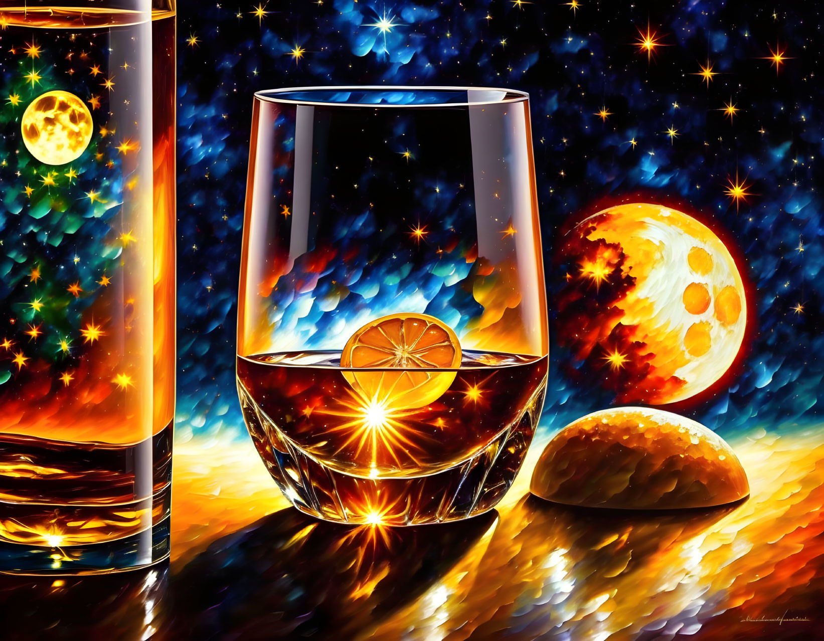 Glass with Orange Slice on Cosmic Background with Stars and Planets