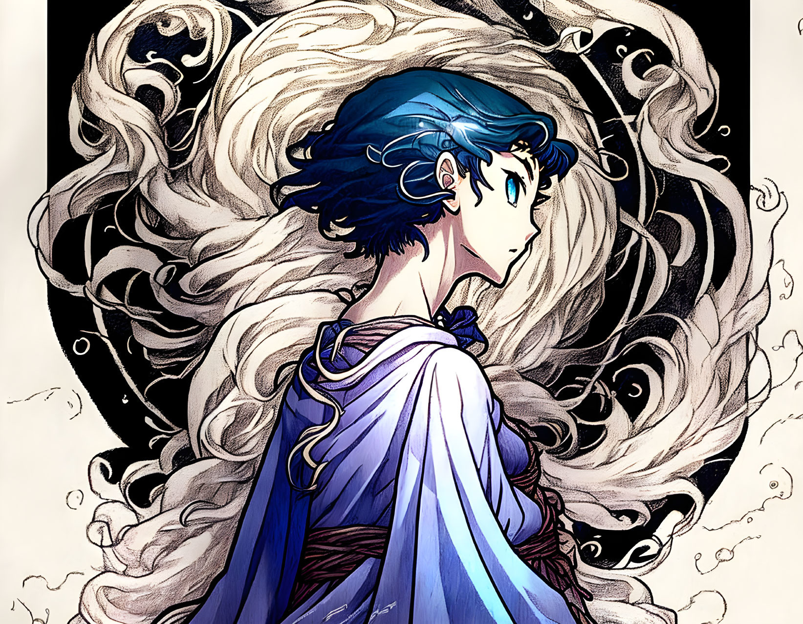 Character with Blue Hair and Dress in Dynamic Swirling Design