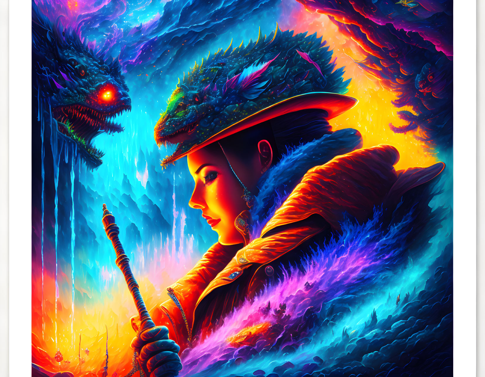 Colorful illustration: Woman with feathered hat faces fantastical creature in fiery and icy setting