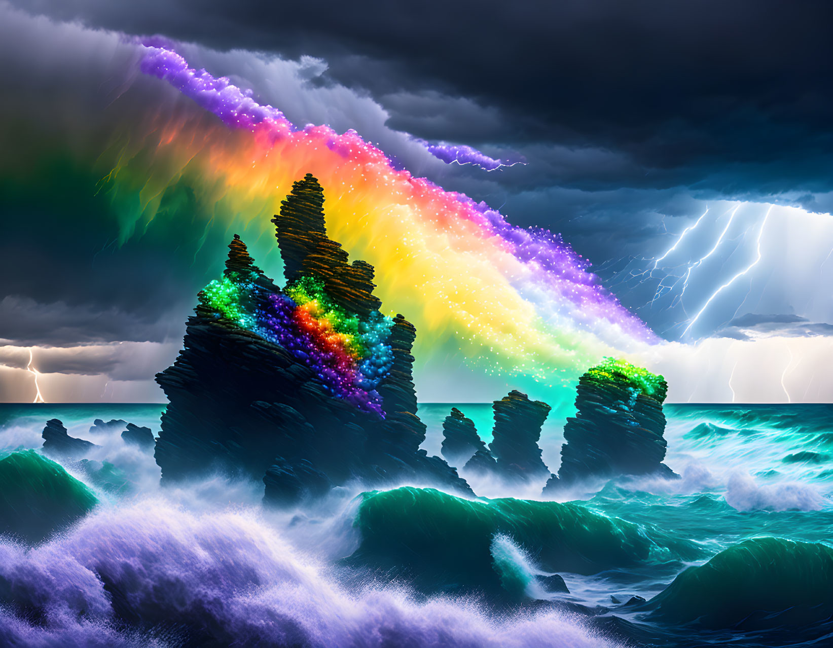 Digitally-altered image of stormy sea with rock formations, rainbow, and lightning