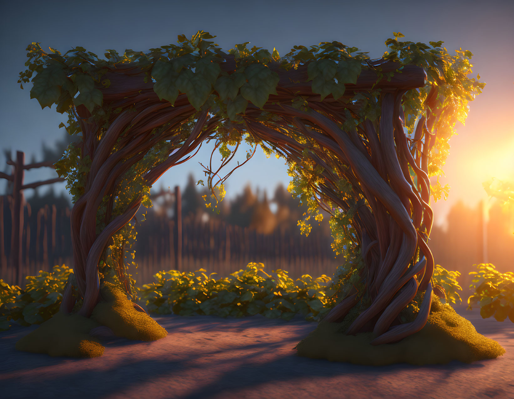 Wooden arch with green foliage against sunset sky.