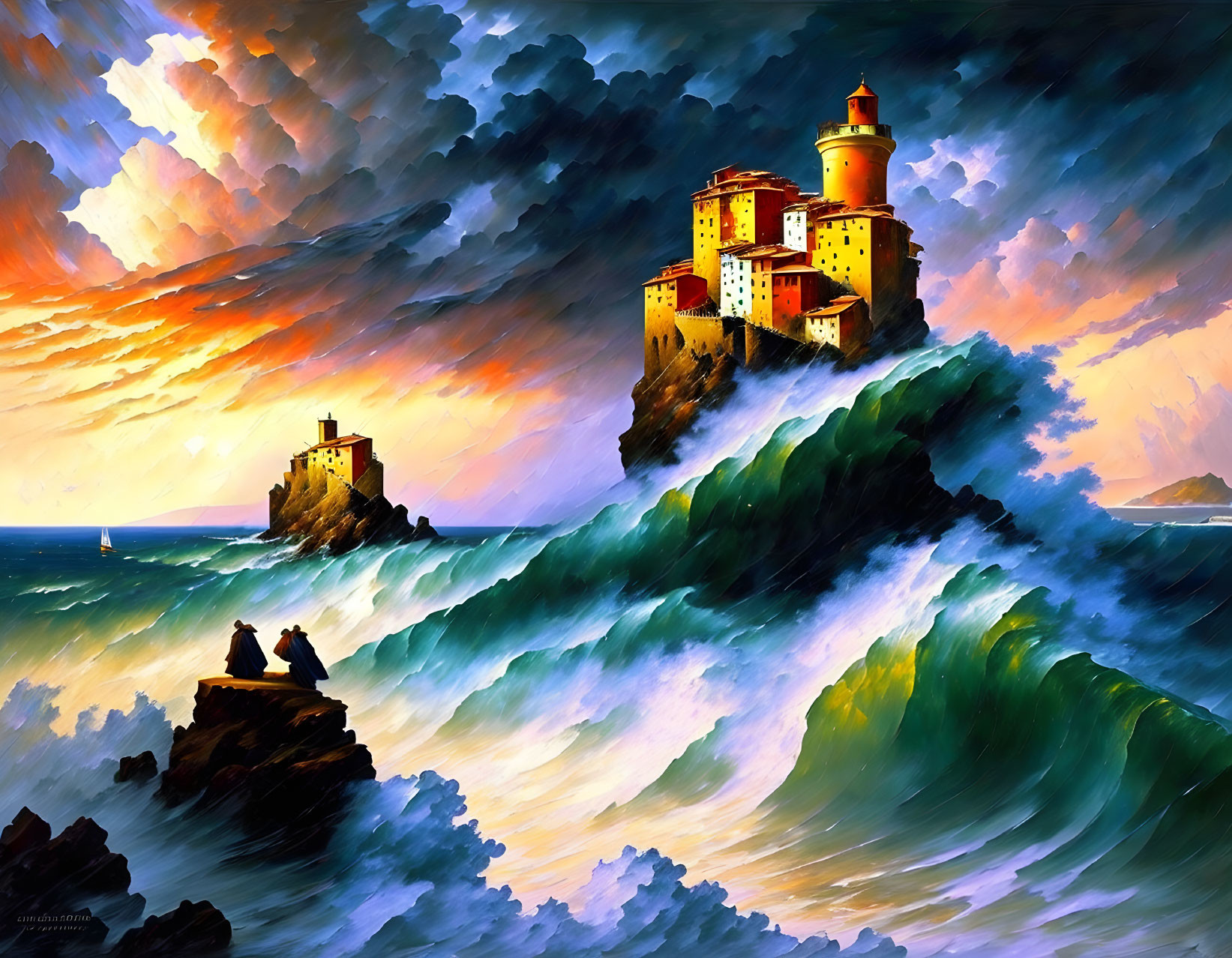 Stormy sea painting: waves, castle, lighthouse, couple.