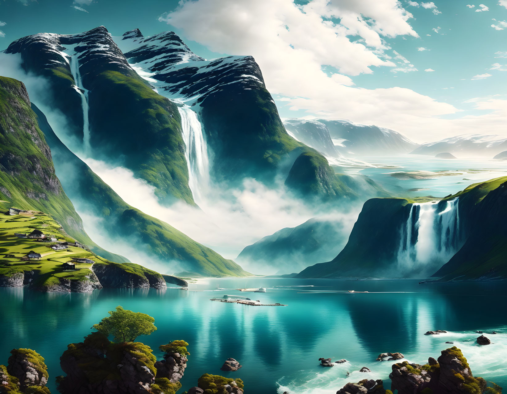 Majestic waterfalls in tranquil fjord with lush greenery