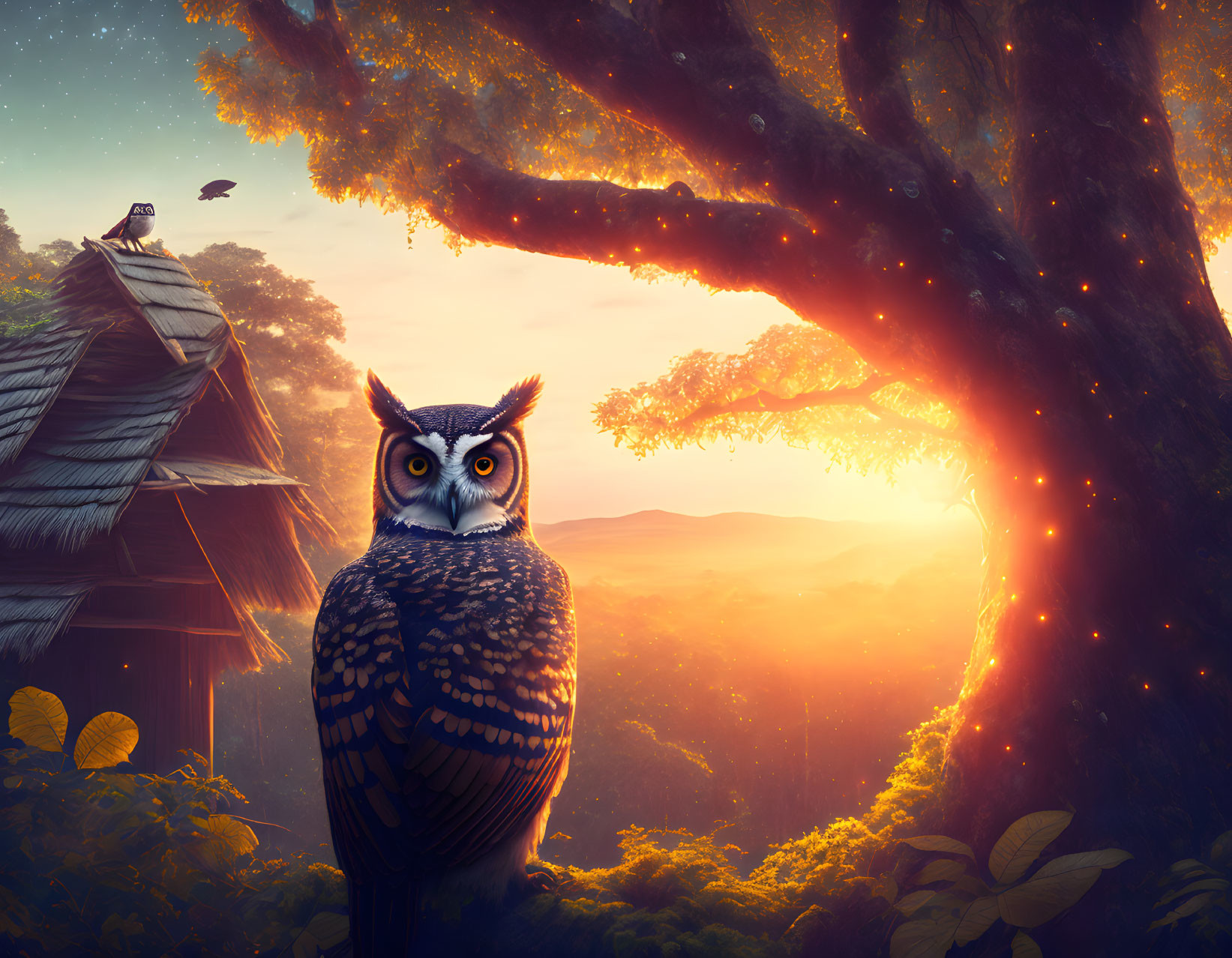 Majestic owl in vibrant enchanted forest at sunset