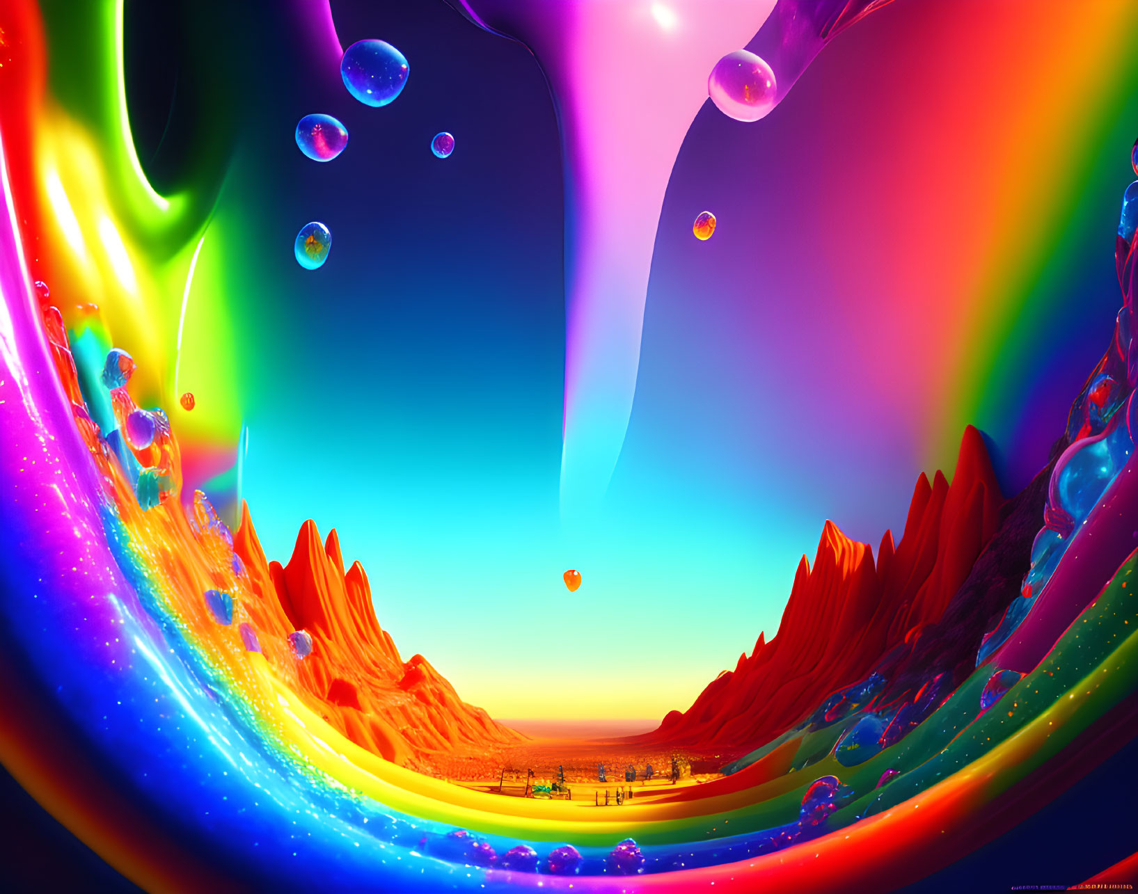 Colorful digital landscape with rainbow arc, floating bubbles, and red rock formations