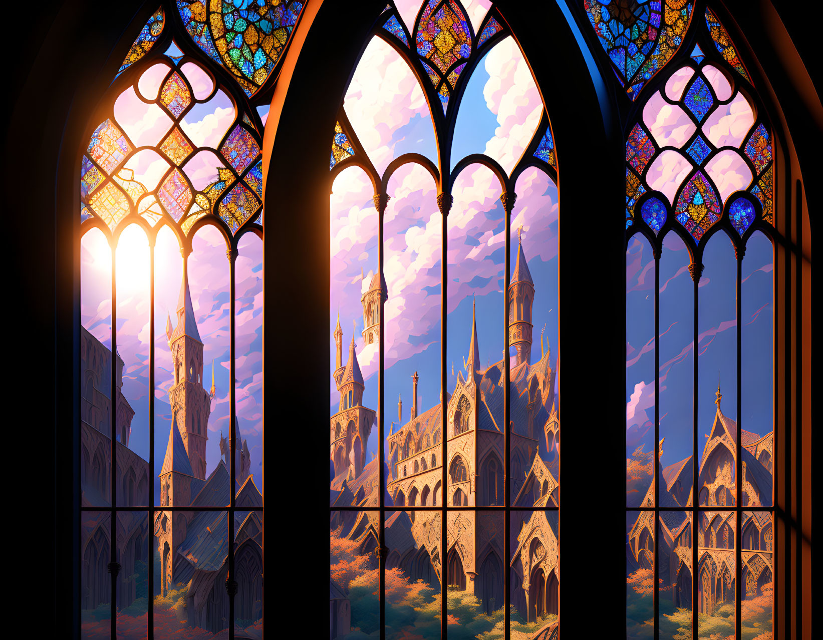 Gothic cathedral stained glass windows with sunset view