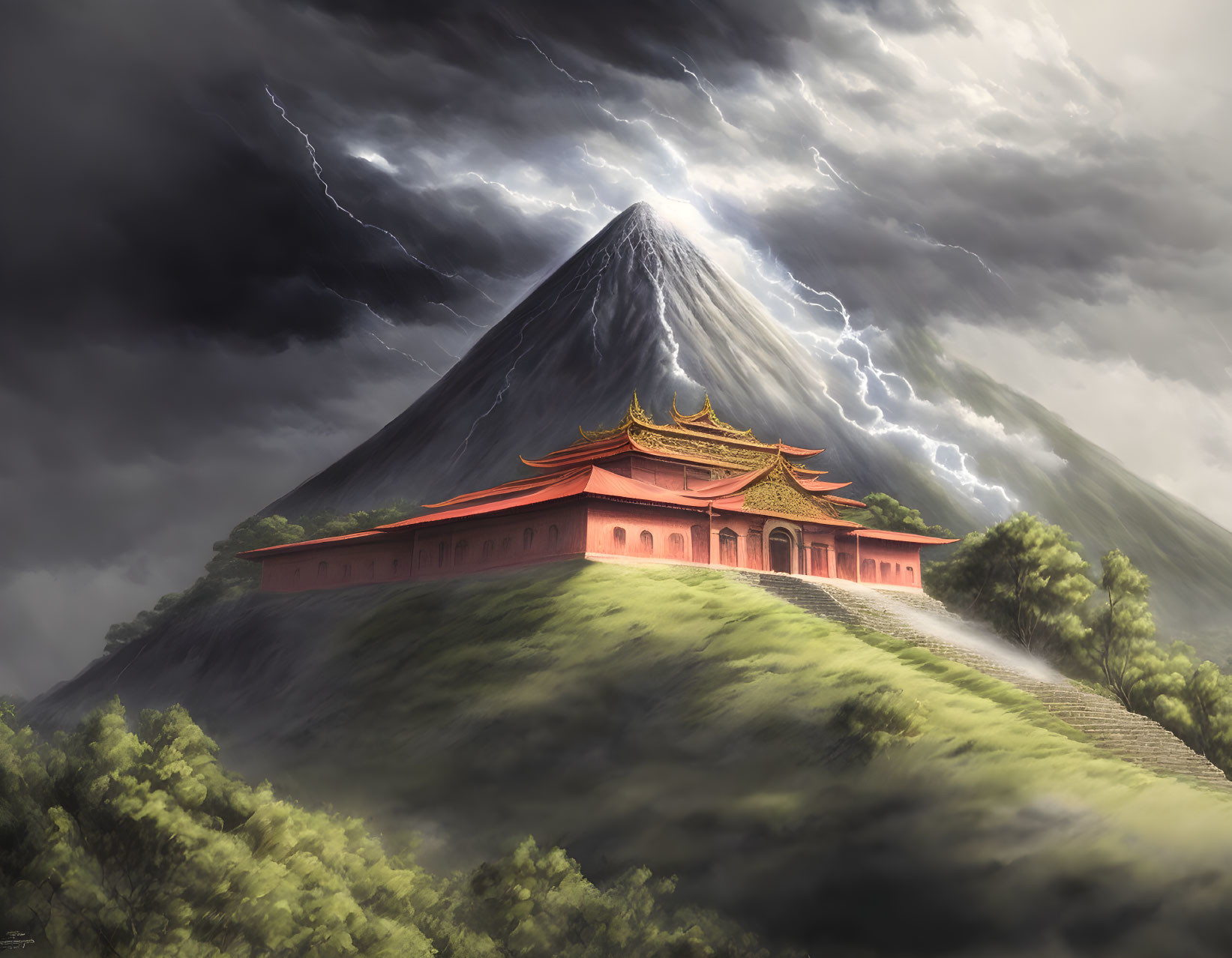 Illustration of red and gold temple on hillside near volcano under stormy sky