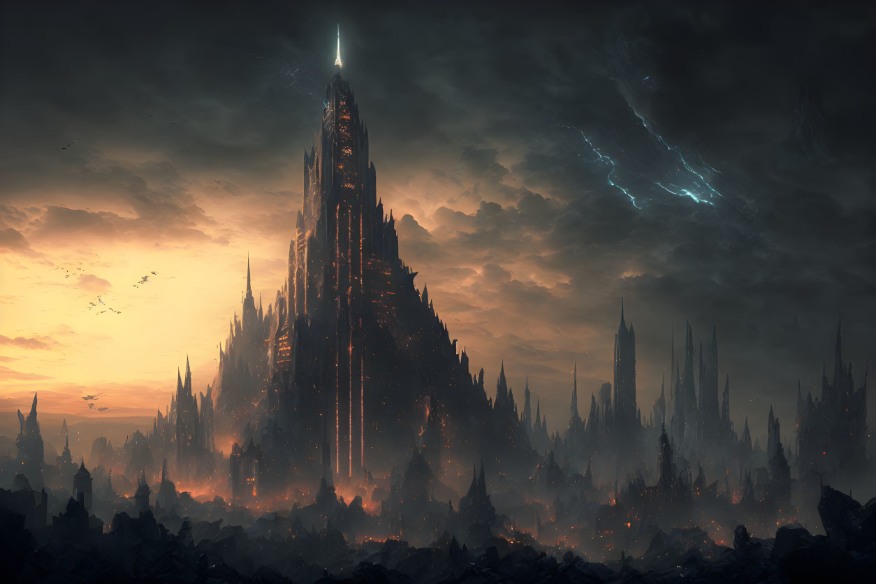 Dark spire in dystopian landscape with lightning and circling birds