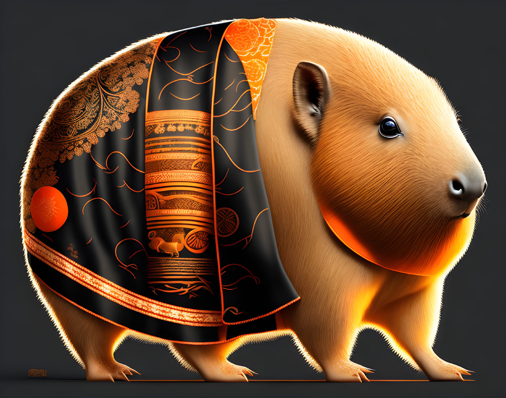 Illustrated capybara with ornate glowing patterns on cloak - natural and majestic fusion on dark background