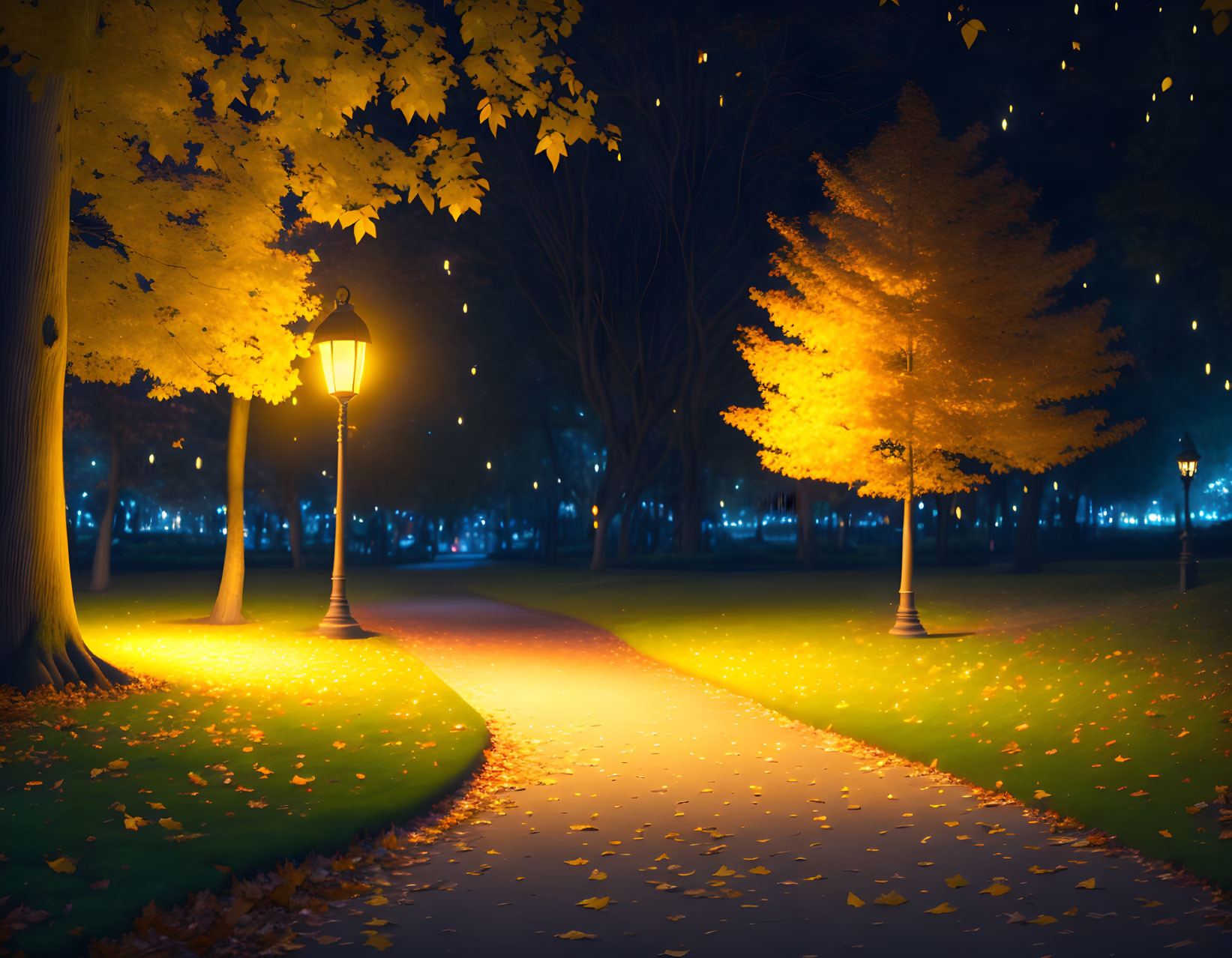 Tranquil Nighttime Park Scene with Autumn Leaves and Street Lamps