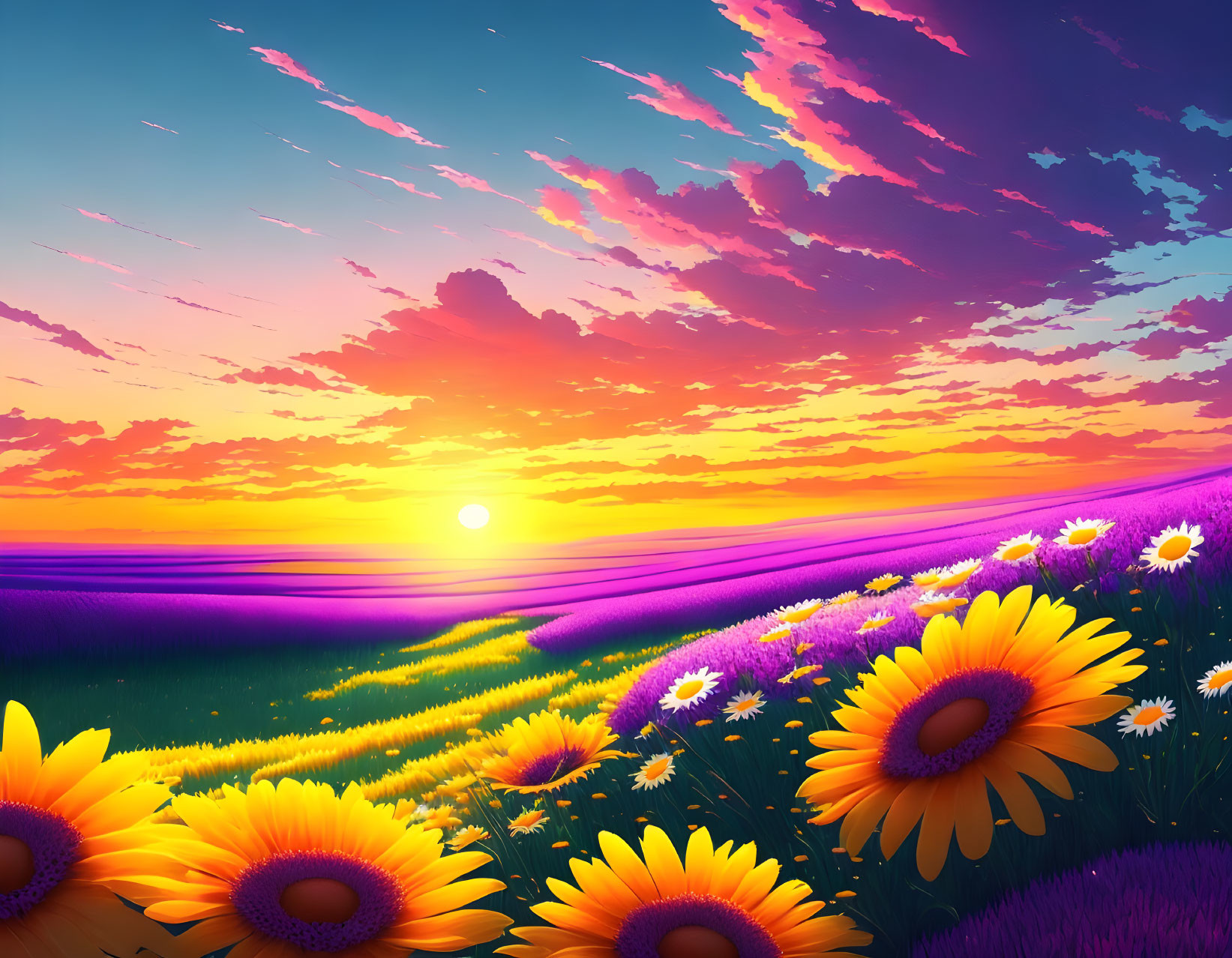 Colorful Sunset Over Sunflower Field with Purple Flowers