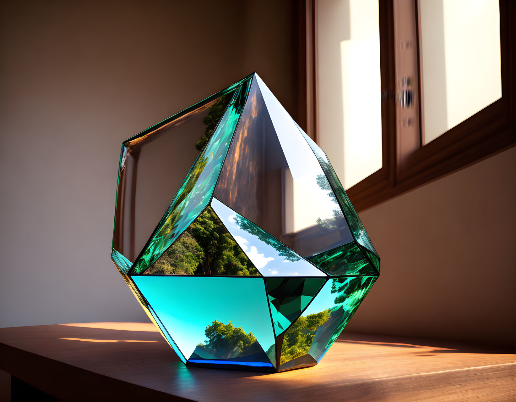 Crystal Dodecahedron on Wooden Desk with Nature Reflection