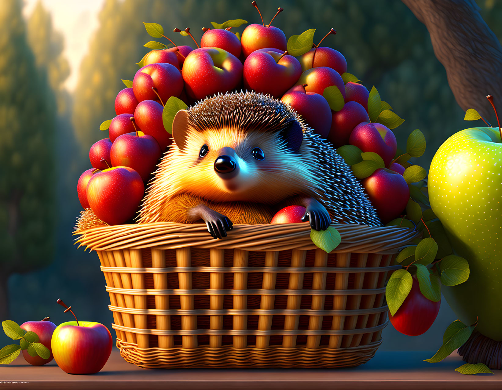 Adorable animated hedgehog in wicker basket with red apples