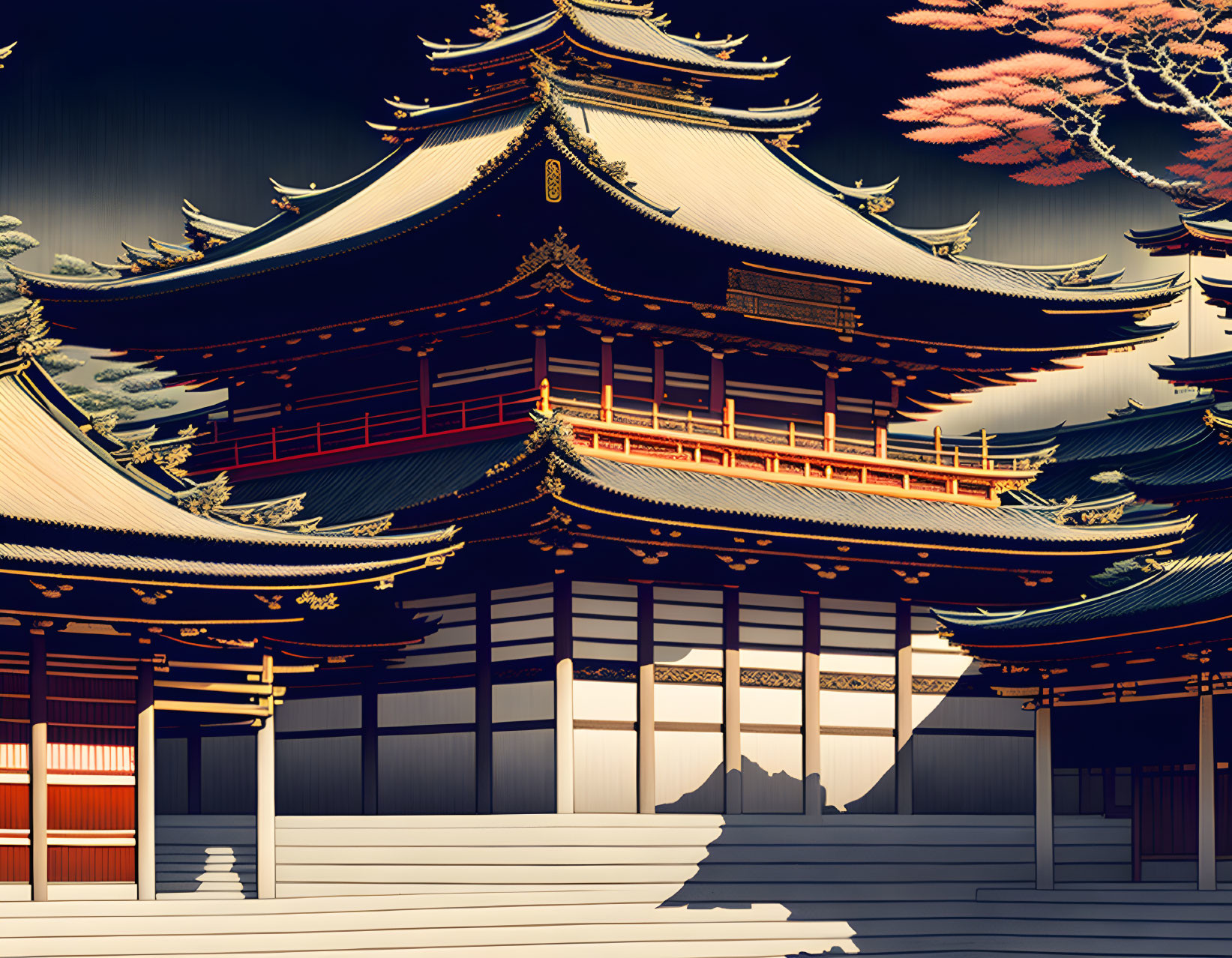 Japanese temple with intricate roofs and blooming sakura trees under shadowy sky