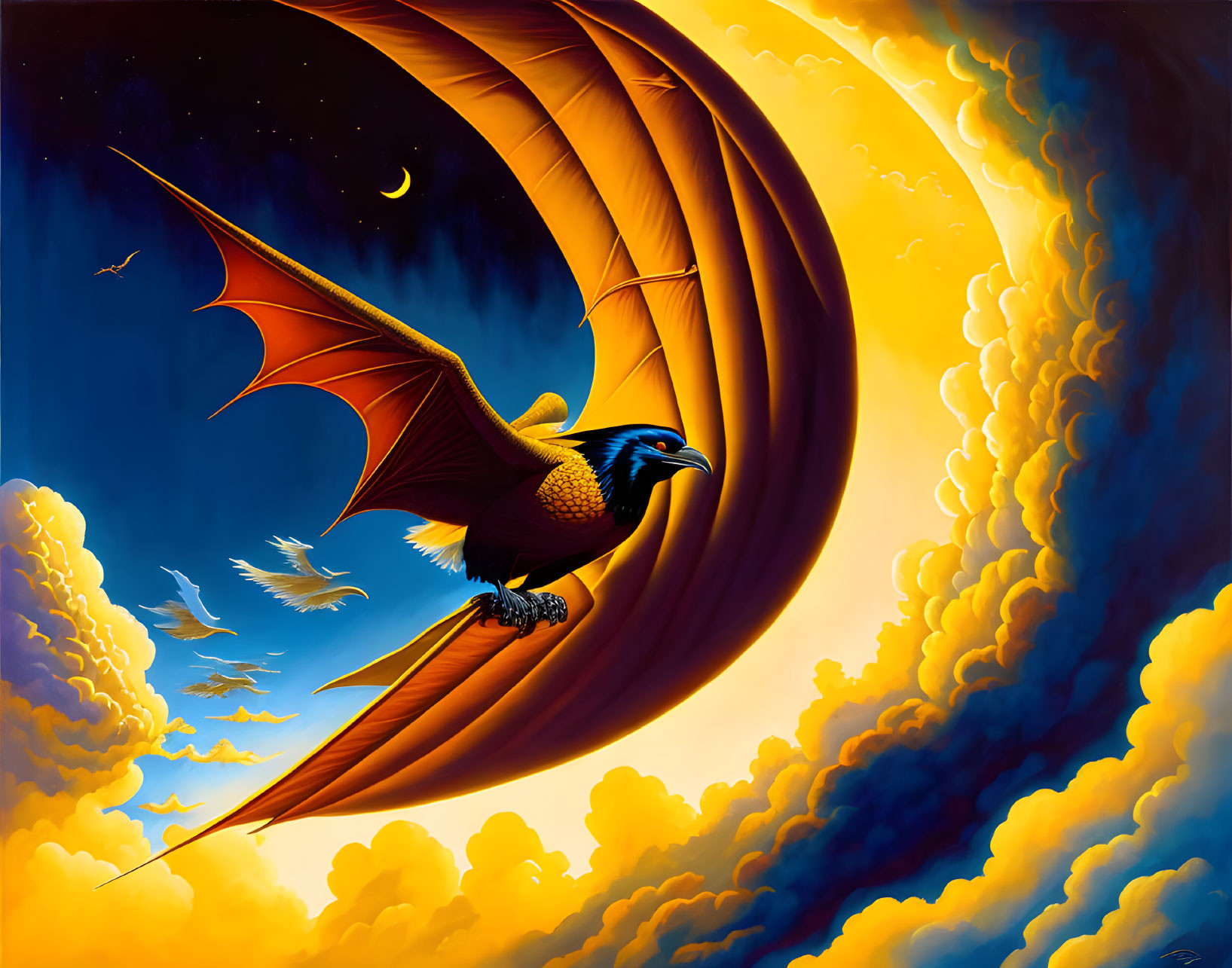 Colorful mythical bird creature flying in dynamic sky with moon and clouds