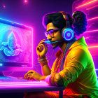 Colorful Gaming Scene: Person with Headphones at Neon Desk