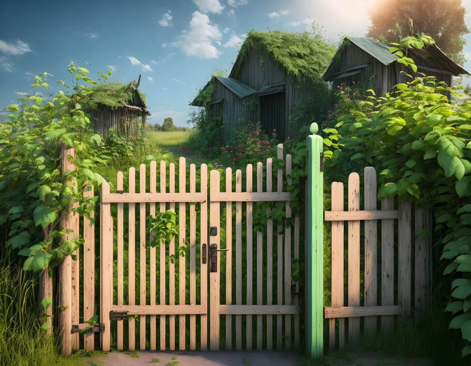 Rural scene with wooden gate, vines, moss-covered huts, and blue sky