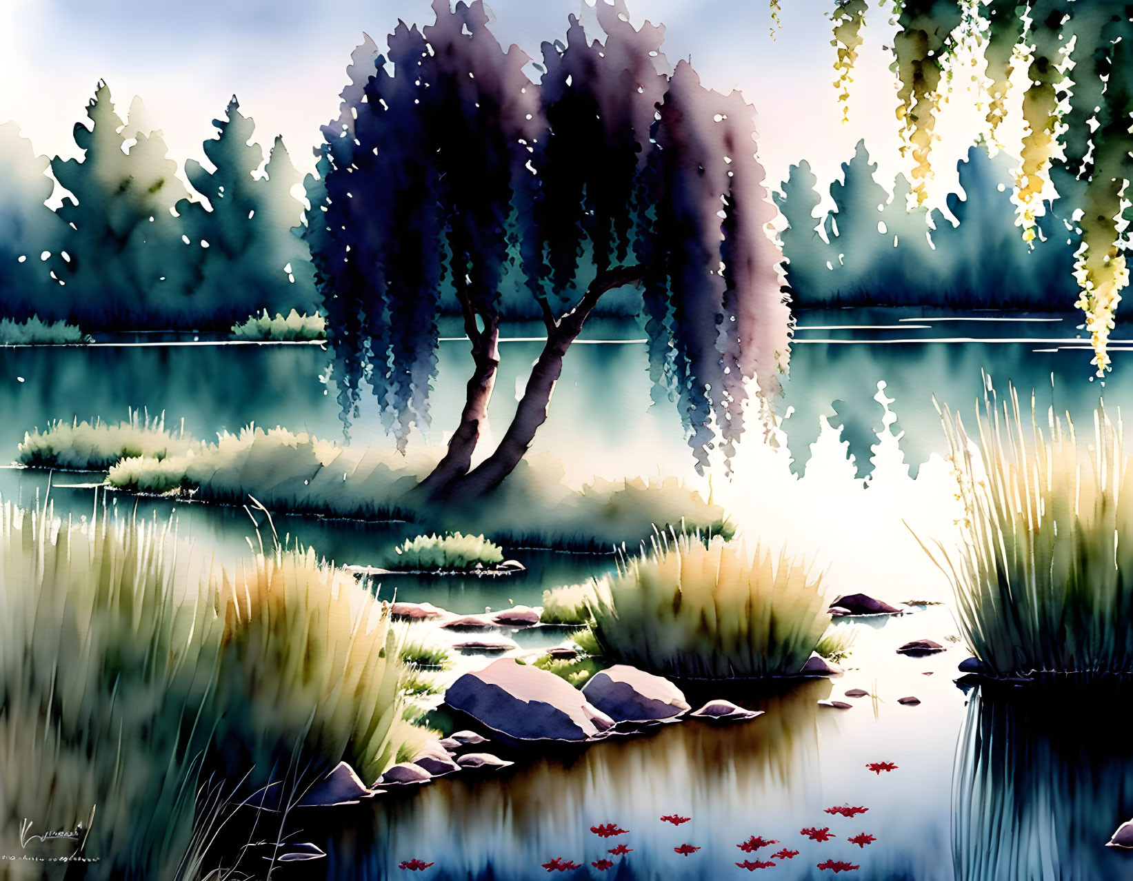 Tranquil pond scene with willow tree and lush landscape