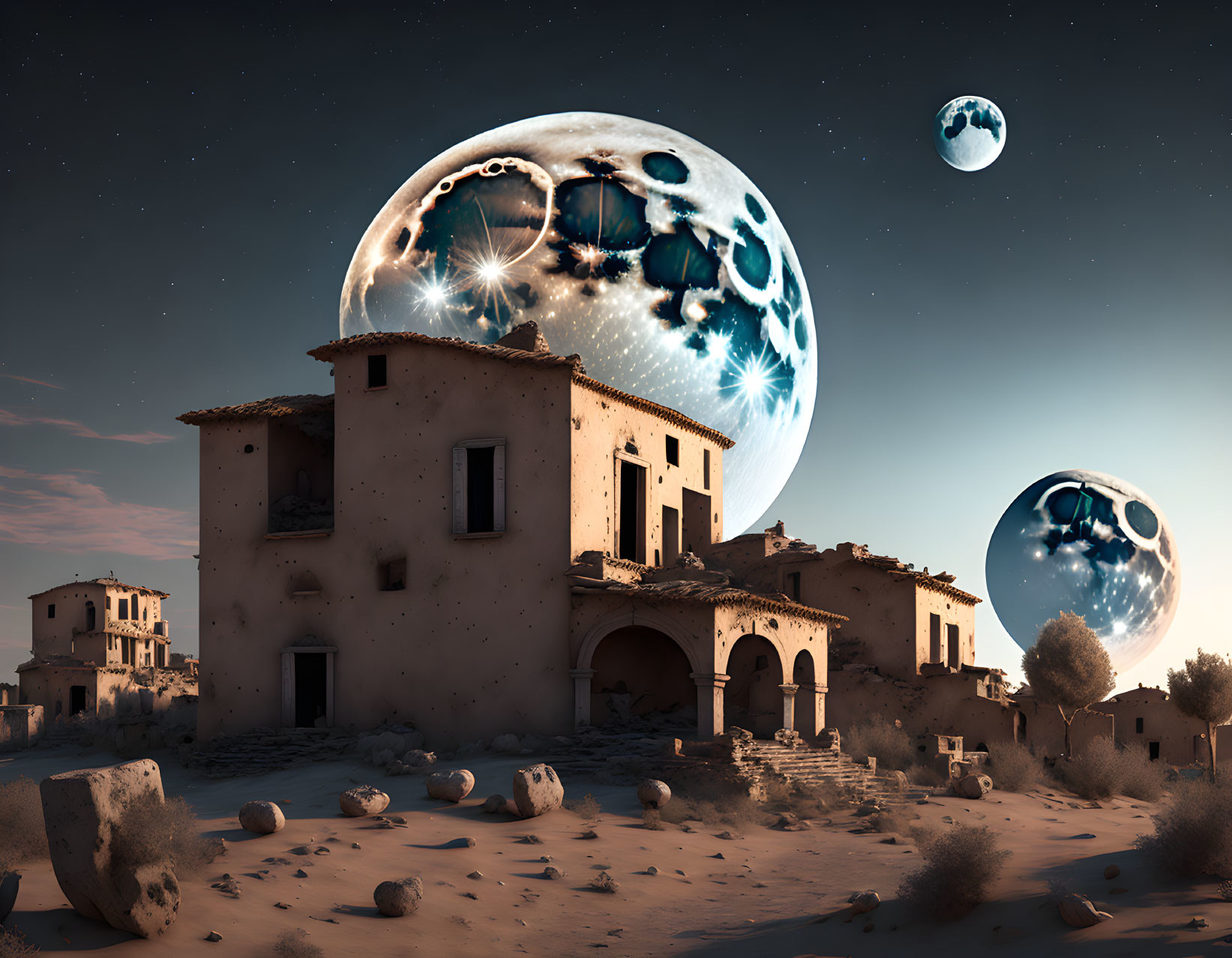 Surreal landscape with earthy village and glowing celestial bodies