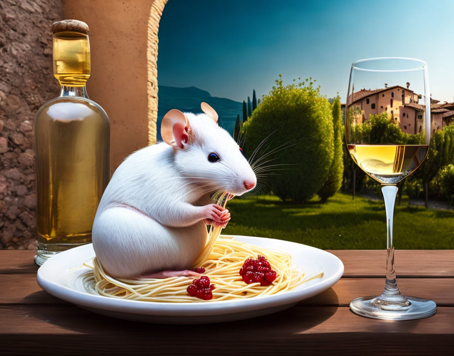 White Rat on Plate of Spaghetti with Tomatoes and Wine Bottle in Italian Village Setting