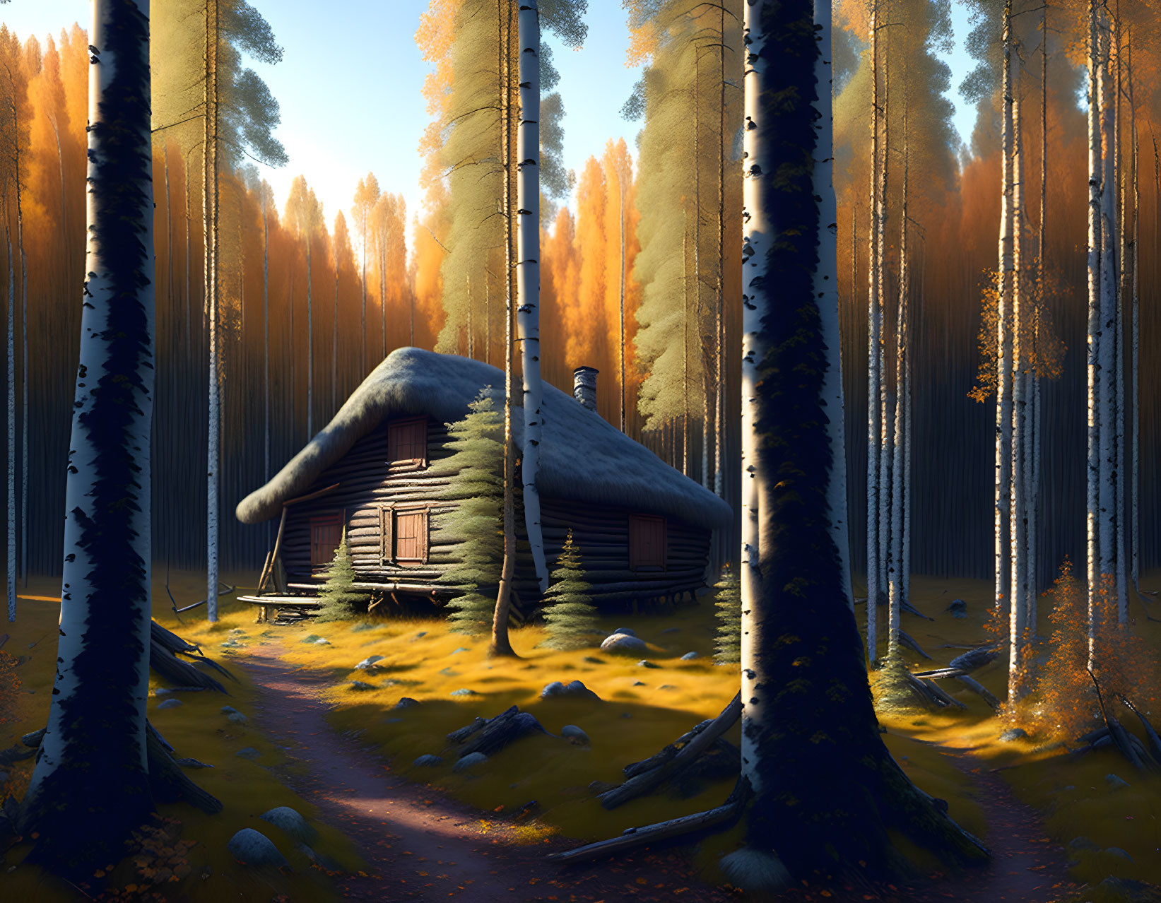 Autumnal forest cabin with golden leaves and sunlight glow