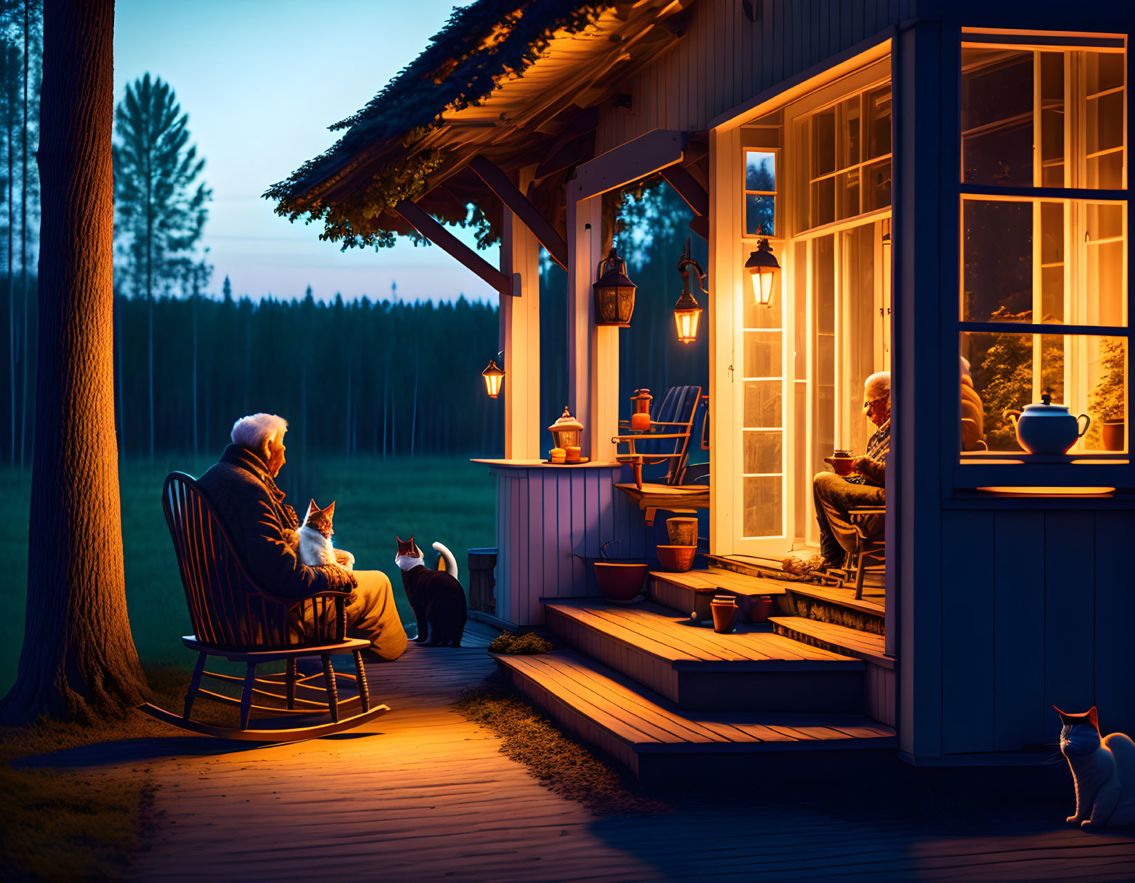 Elderly People with Dog on Porch at Dusk