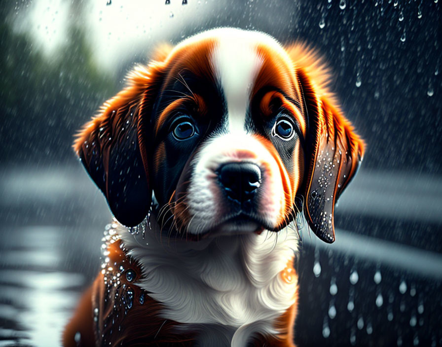 Brown and White Puppy with Droplets on Fur Looking Through Raindrop-Covered Window