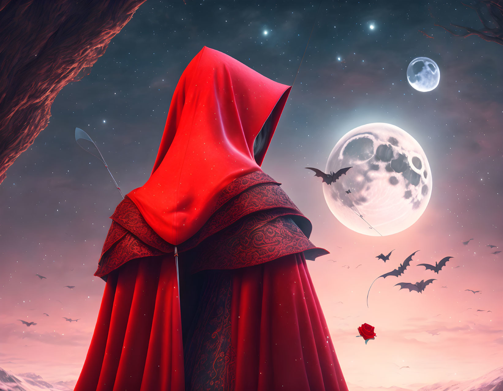 Person in Red Cloak Staring at Moon with Bats and Falling Rose