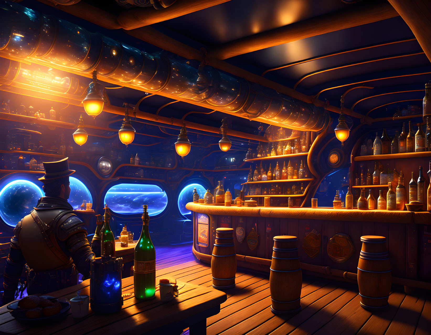 Fantasy underwater tavern with magical elements and character in armor