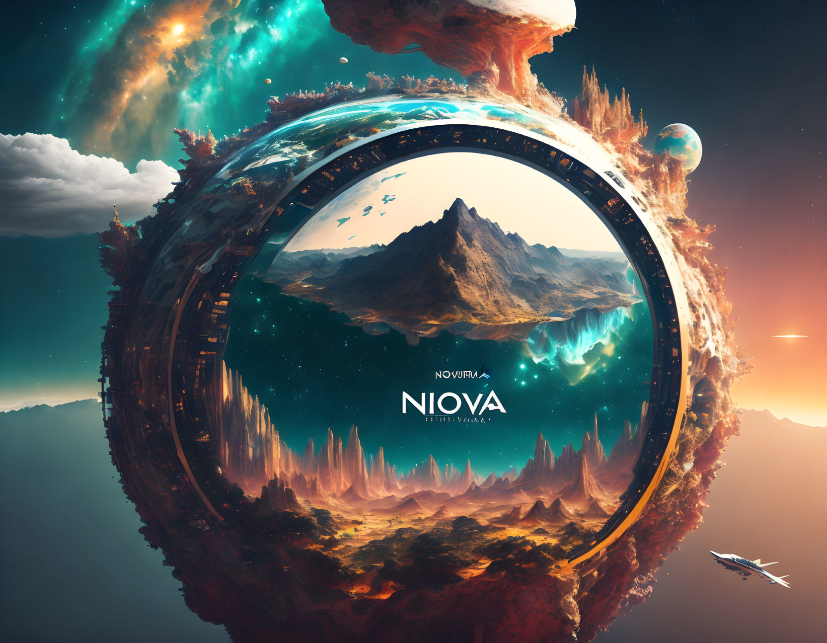 Circular Portal with Mountain Landscape and Cosmic Spaceships