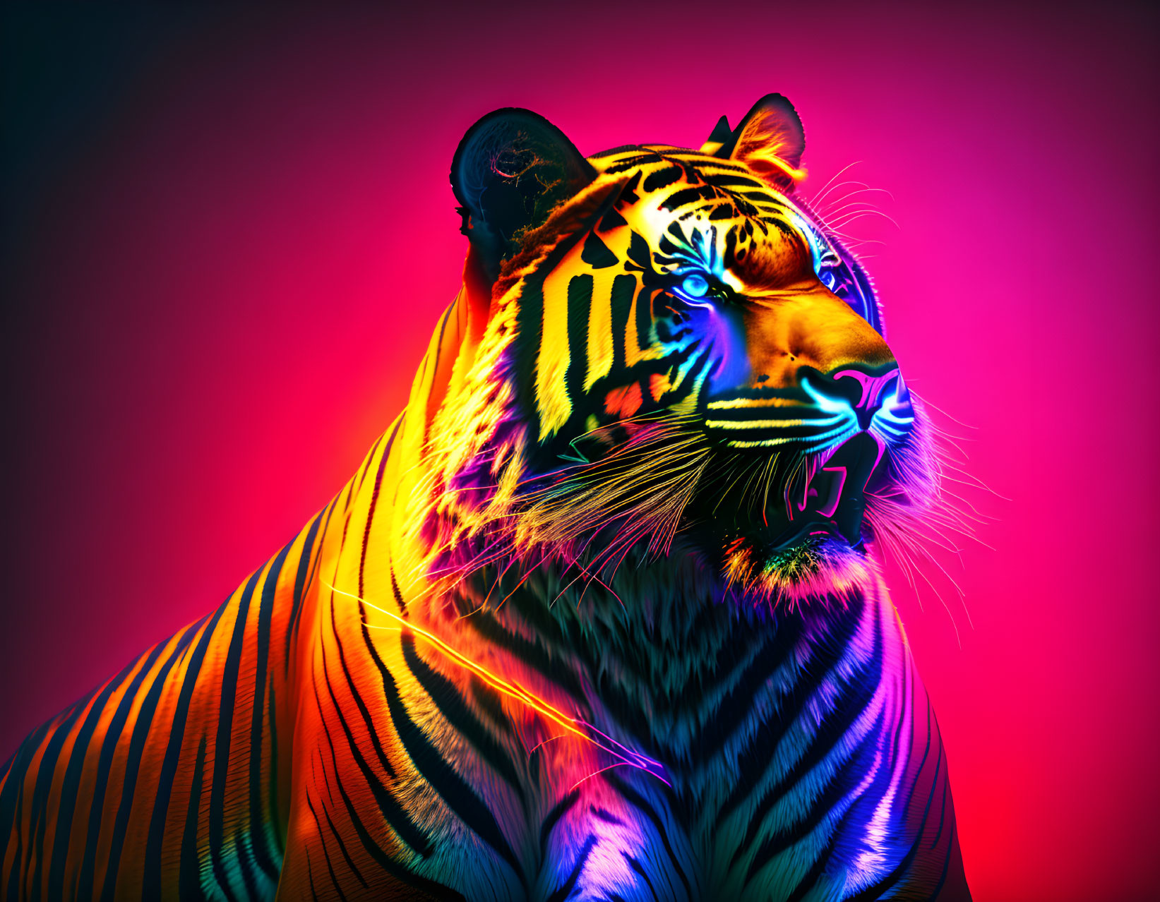 Colorful Tiger Artwork on Gradient Background in Pink, Yellow, and Blue