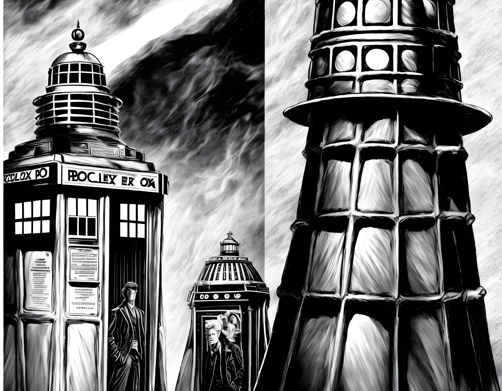 Detailed Doctor Who scene with TARDIS and Dalek under swirling sky