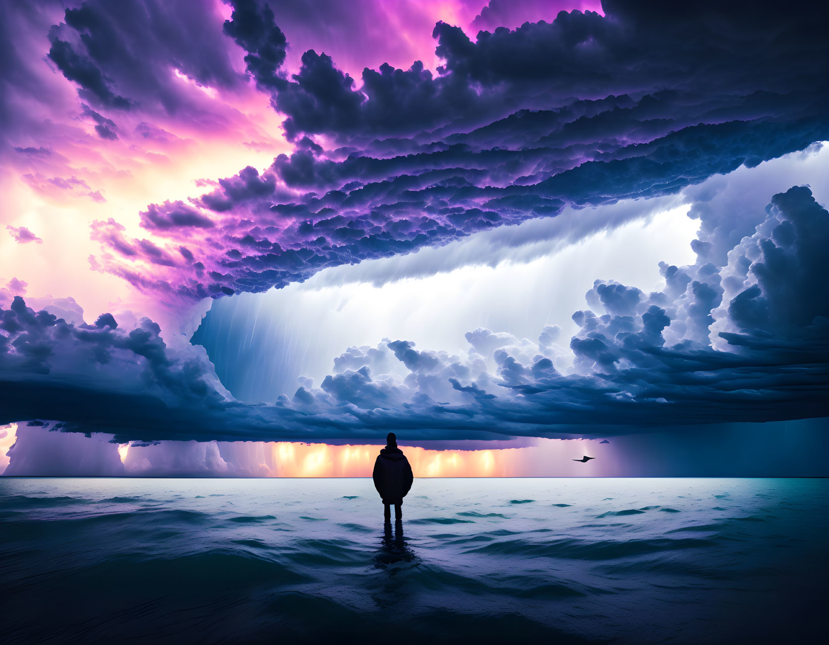 Solitary figure in surreal seascape under purple sky