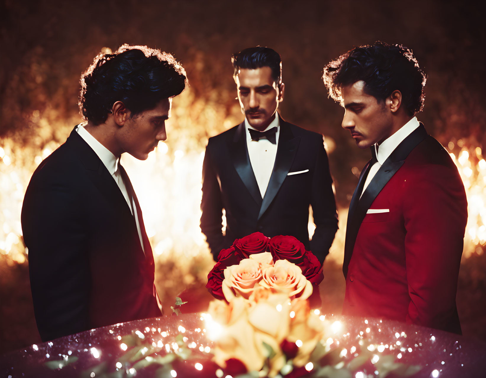 Three Men in Elegant Suits Around Table with Red Roses and Warm Backlight