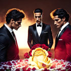 Three Men in Elegant Suits Around Table with Red Roses and Warm Backlight