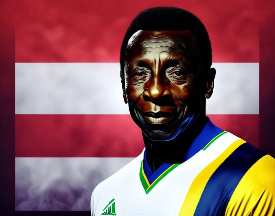 Smiling man with dark skin in yellow and green jersey on red and white striped background.