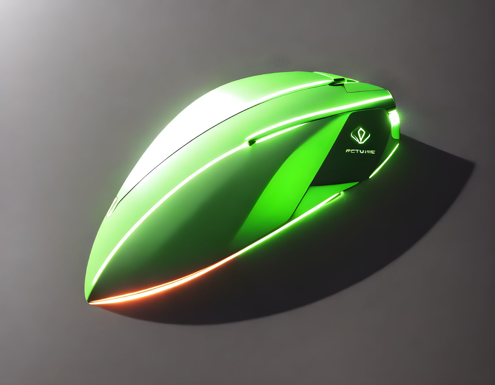 Ergonomic green and white gaming mouse with glowing orange accents