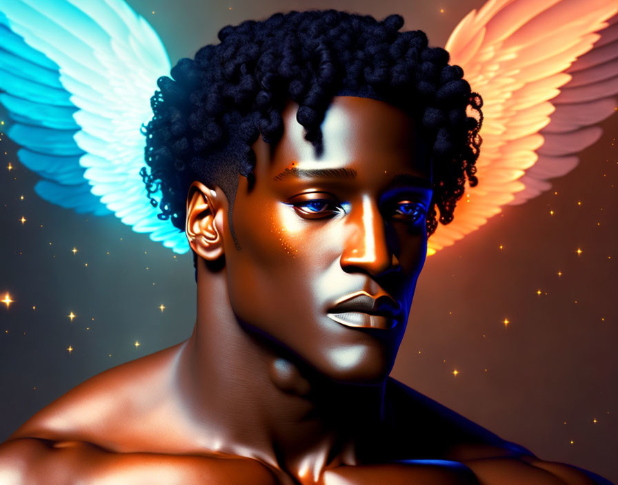 Digital artwork featuring male figure with black curly hair, bronze skin, white and orange wings, starry