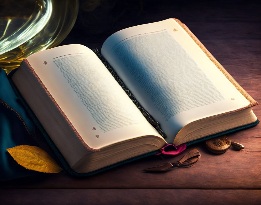 Open book with glowing orb, bookmark, leaf, and chain on wooden surface