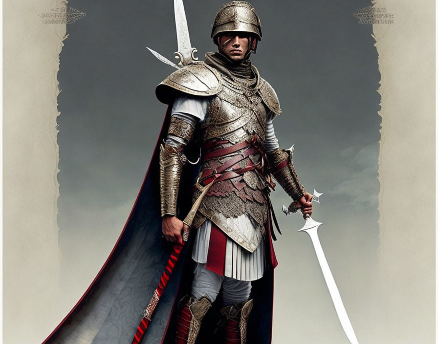 Medieval warrior in ornate armor with sword and red cape