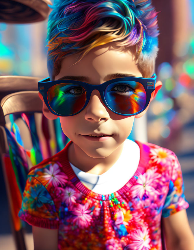 Colorful Child Portrait with Sunglasses and Flower Shirt on Blurred Background