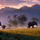 Elephant Family in Misty Savannah at Sunrise