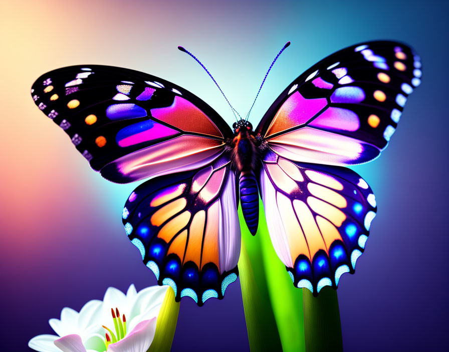 Colorful Butterfly Resting on White Flowers Against Gradient Background