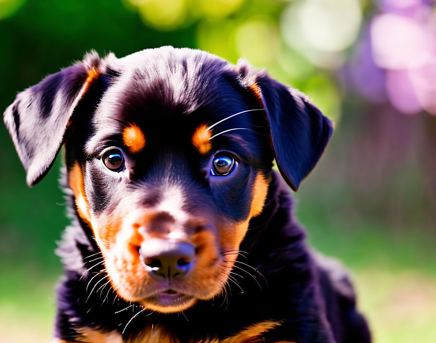 Young Rottweiler puppy with glossy black and tan coat in close-up view